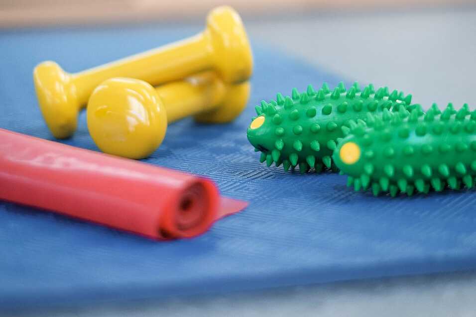 Bunte Hanteln und ein rot-blauer Fitnessball auf einer blauen Unterlage im Innenraum eines Fitnessbereichs.