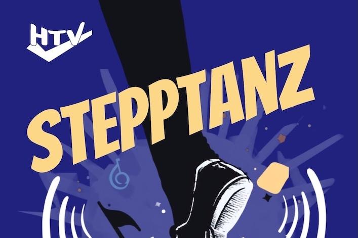 Plakat für Steptanz mit einem Tänzer-Schuh und Informationen zu Terminen und Kontakt in buntem Design.