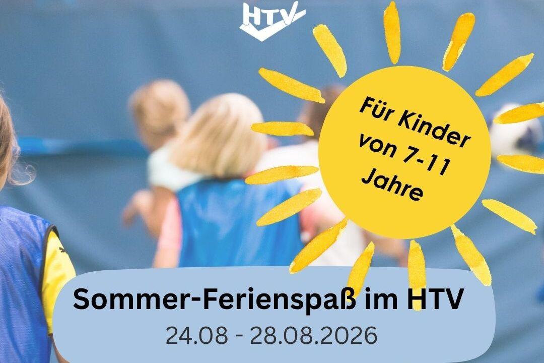 Aktivitäten mit Kindern in Sportkleidung in einer Turnhalle, Werbung für den Sommerferienprogramm im HTV.