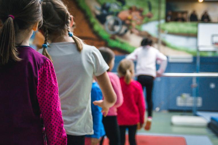 Gruppe von Kindern in Sportkleidung steht in einer Reihe, beobachtet eine &Uuml;bung an einem Turnger&auml;t in einer Turnhalle.