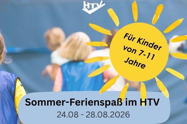 Aktivit&auml;ten mit Kindern in Sportkleidung in einer Turnhalle, Werbung f&uuml;r den Sommerferienprogramm im HTV.