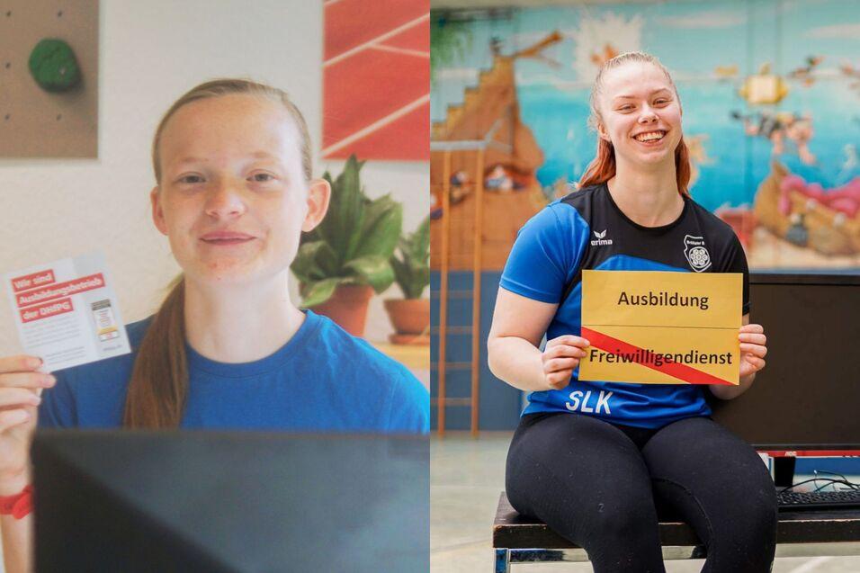 Zwei Porträts einer jungen Frau: Links hält sie eine Karte, rechts zeigt sie ein Schild mit „Ausbildung Freiwilligendienst“.