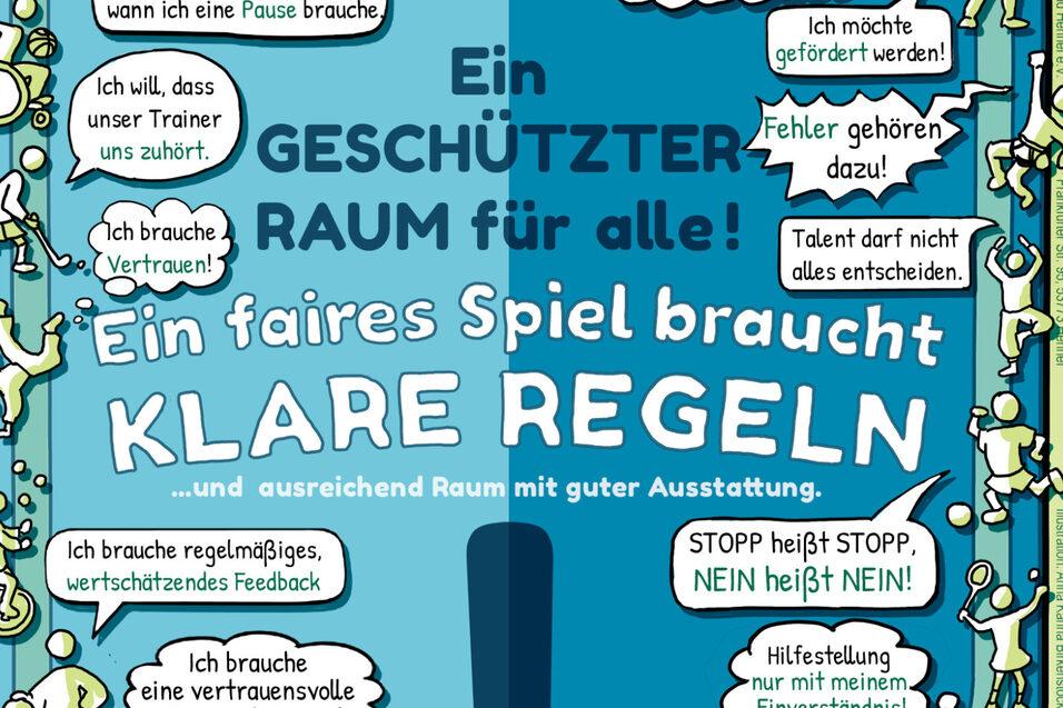 Grafik über Kinderrechte im Sport mit bunten Figuren, klaren Regeln und Schutzräumen für alle Teilnehmer.