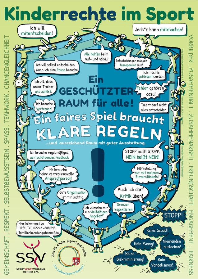 Grafik über Kinderrechte im Sport mit bunten Figuren, klaren Regeln und Schutzräumen für alle Teilnehmer.