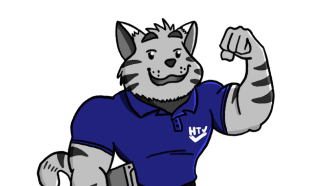 Cartoon-Tier mit Katzenkopf in einem blauen Shirt zeigt den muskulösen Arm und lächelt selbstbewusst.