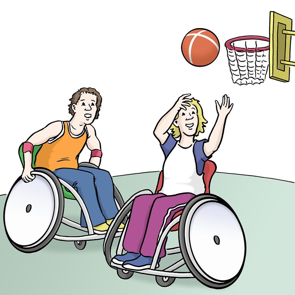 Zwei Personen im Rollstuhl spielen Basketball, während einer den Ball zu werfen versucht.