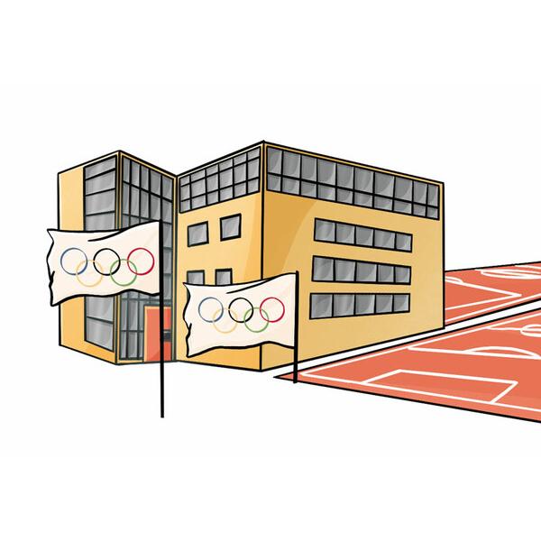 Moderne Gebäudefront mit großen Fenstern und Olympiabeten, umgeben von einer roten Sportfläche.