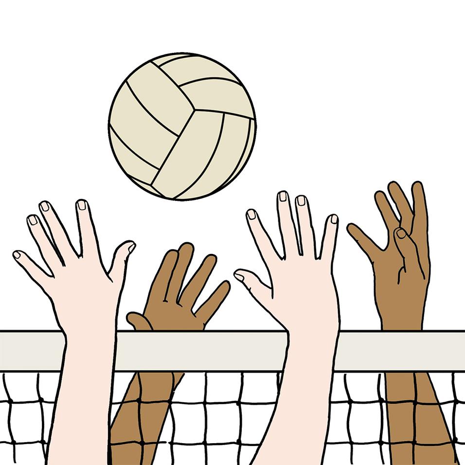 Hände von Spielern erreichen einen Volleyball, der über ein Netz schwebt, auf einem weißen Hintergrund.