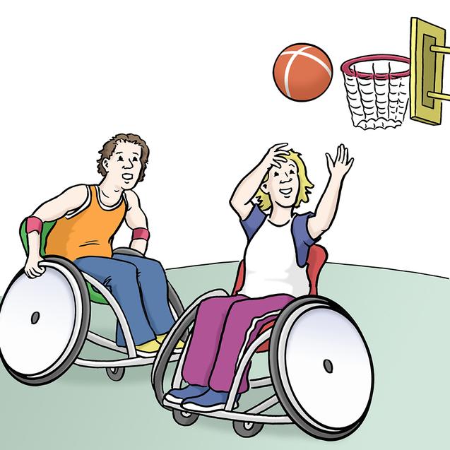 Zwei Personen im Rollstuhl spielen Basketball, während einer den Ball zu werfen versucht.