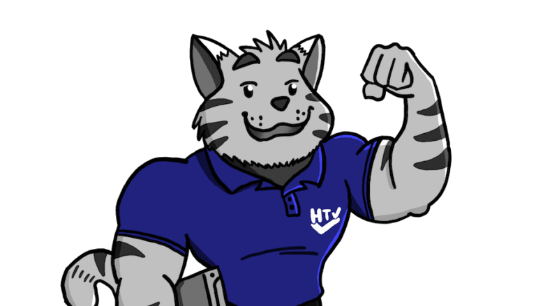 Maskottchen in einem blauen Poloshirt zeigt stolz seinen muskul&ouml;sen Arm, auf einem schwarzen Hintergrund.