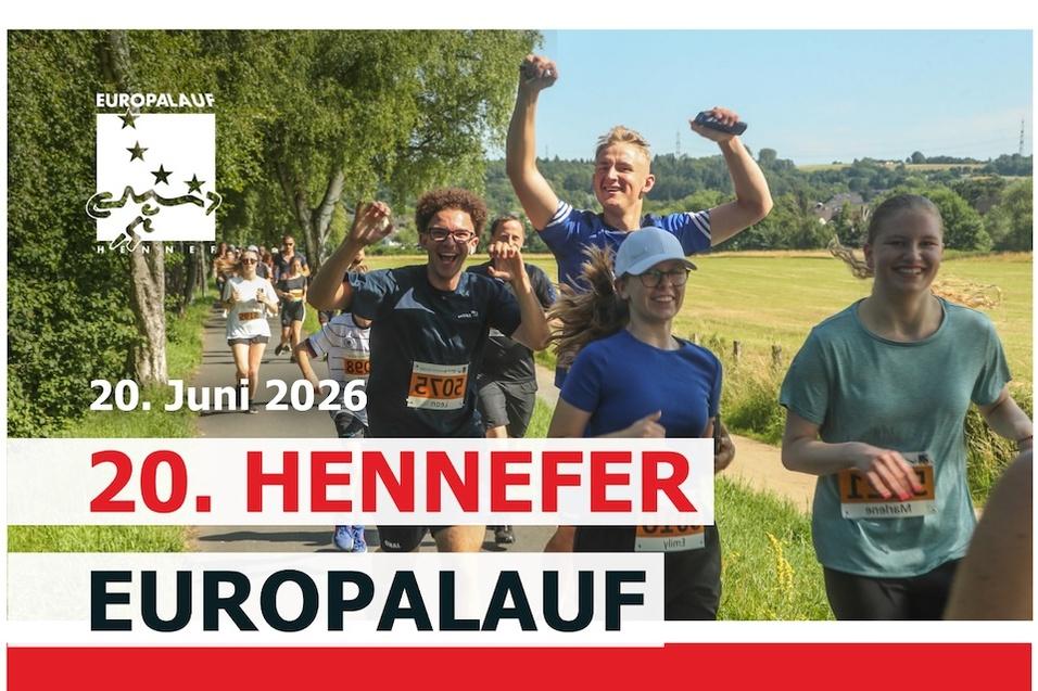 Plakat f&uuml;r den 20. Hennefer Europalauf mit laufenden Teilnehmern und Informationen zu verschiedenen Laufdistanzen.