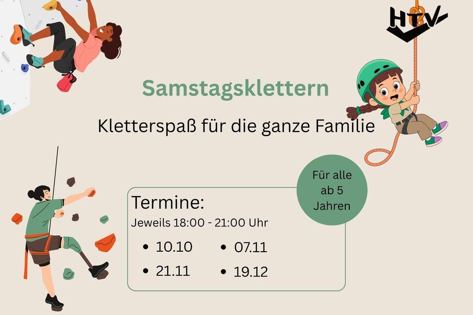 Grafik zum Samstagsskletten mit Kletteraktivitäten für Familien, Termininformationen und Altersangabe ab 5 Jahren.
