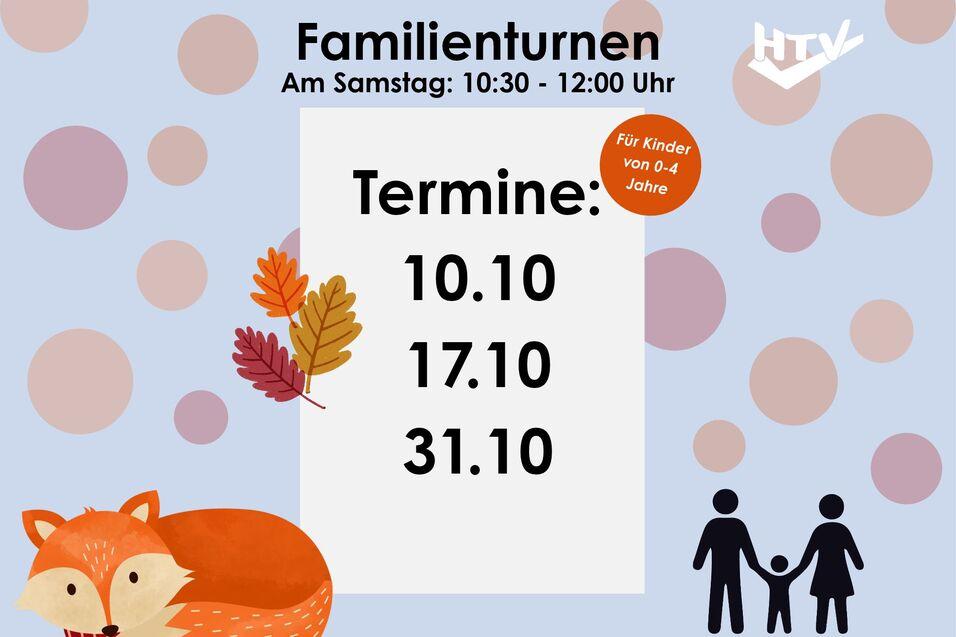 Plakat mit Terminen für Familienturnen, darunter ein Fuchs und bunte Kreise auf hellblauem Hintergrund.