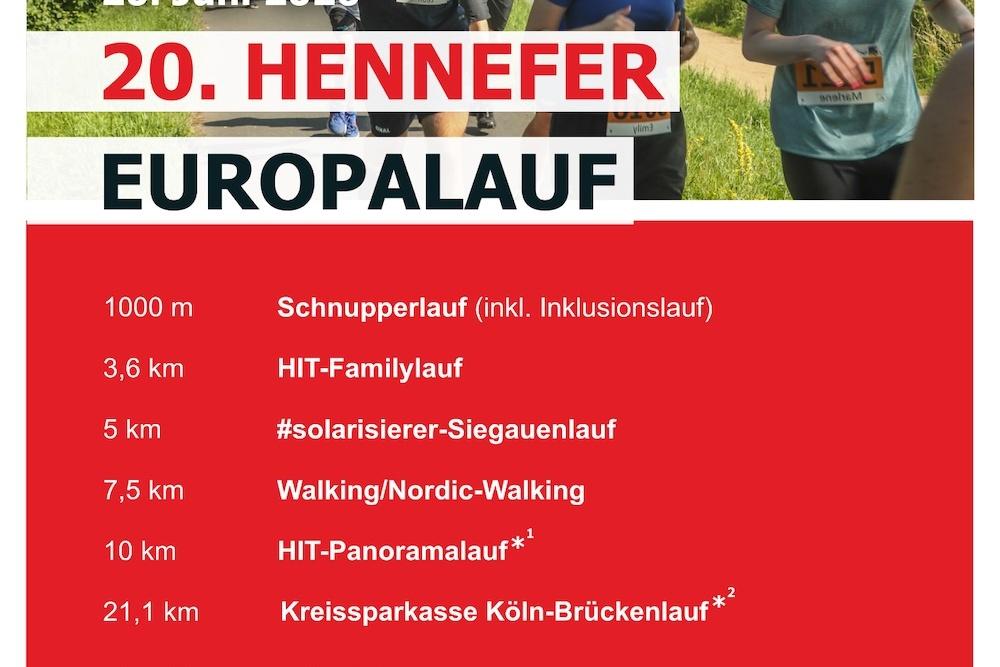 Plakat f&uuml;r den 20. Hennefer Europalauf mit laufenden Teilnehmern und Informationen zu verschiedenen Laufdistanzen.