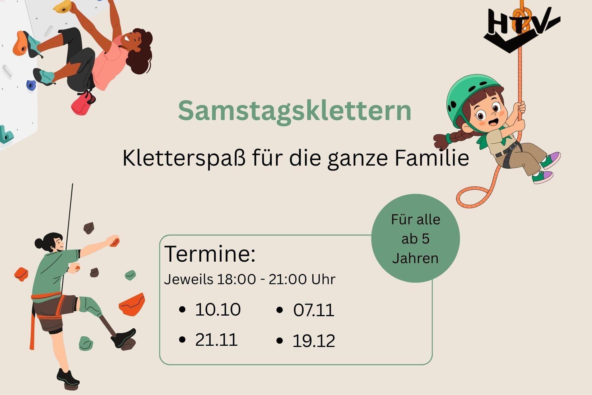 Grafik zum Samstagsskletten mit Kletteraktivit&auml;ten f&uuml;r Familien, Termininformationen und Altersangabe ab 5 Jahren.