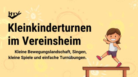 Kleine Grafik mit einem Kind, was auf einer Bank balanciert. Werbung für Kleinkinderturnen im Vereinsheim