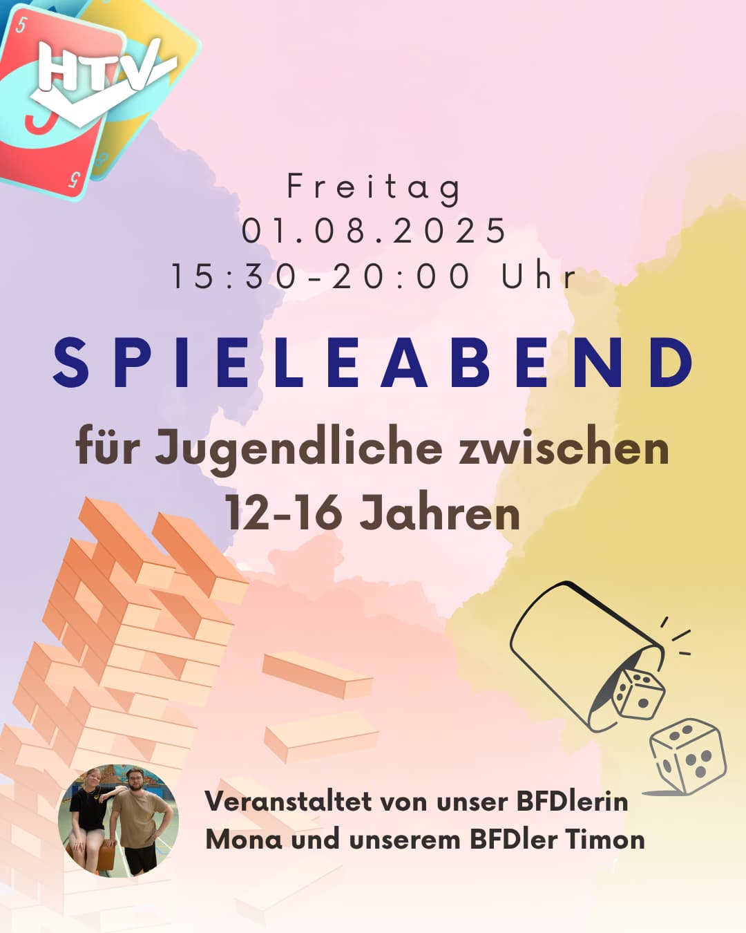 Plakat für den Spieleabend, bestehend aus Text und Grafiken